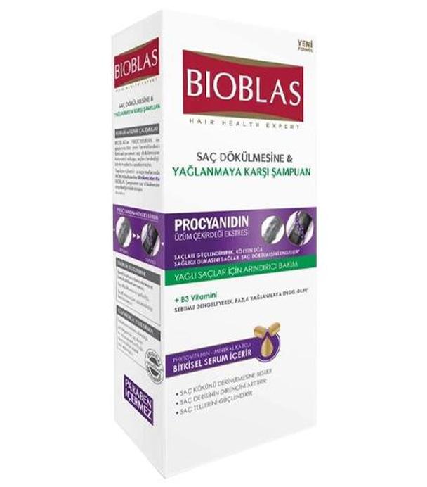 Bioblas Szampon ziołowy na wypadanie włosów dla włosów przetłuszczających procyjanidyna, 360 ml, cena, wskazania, skład