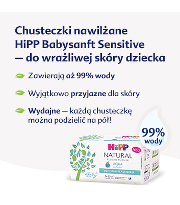 Hipp Babysanft Natural Aqua Chusteczki pielęgnacyjne, 2 x 60 szt., cena, opinie, wskazania