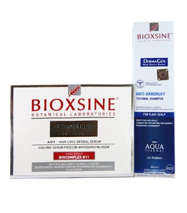 Bioxsine Zestaw DermaGen Aqua Thermal Szampon przeciwłupieżowy - 300 ml + Ziołowe serum przeciw wypadaniu włosów - 12 amp. - cena, opinie, właściwości
