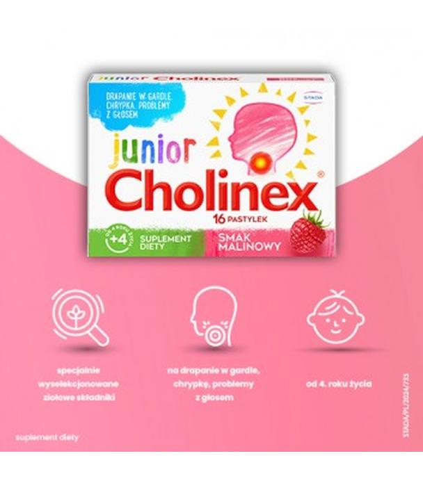 Cholinex Junior, pastylki do ssania, smak malinowy, 16 sztuk