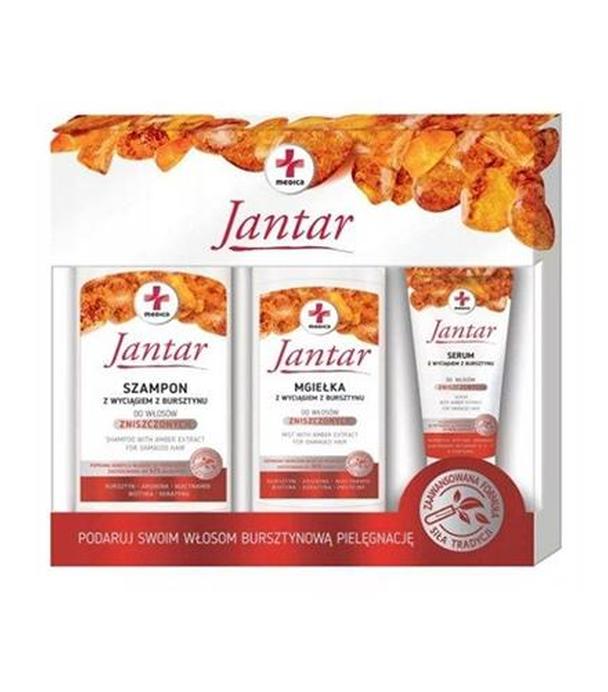 IDEEPHARM MEDICA JANTAR Zestaw Szampon z wyciągiem z bursztynu do włosów zniszczonych - 330 ml + Mgiełka z wyciągiem z bursztynu do włosów zniszczonych - 200 ml  + Serum  z wyciągiem z bursztynu - 30 ml - ważny do 2025-09-30