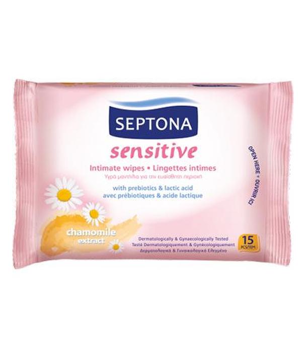 Septona Sensitive Chusteczki nawilżane do higieny intymnej z prebiotykiem i kwasem mlekowym, 15 sztuk