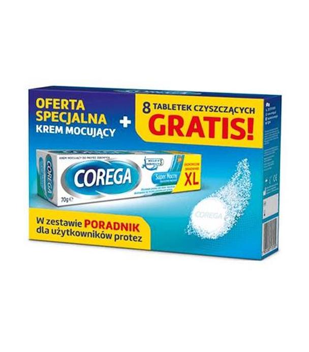 Corega Super Mocny Krem mocujący do protez zębowych delikatnie miętowy, 70 g + Tabletki czyszczące, 8 sztuk + Poradnik, 1 sztuka