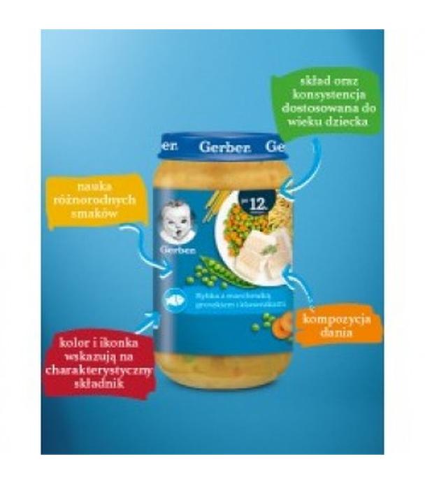 GERBER JUNIOR Obiadek rybka z marchewką, groszkiem i kluseczkami po 12 miesiącu - 250 g