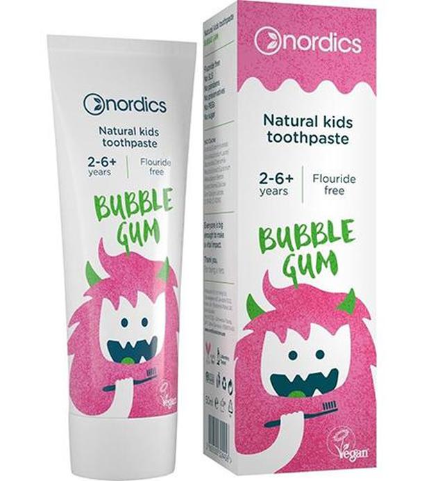 Nordics Ekologiczna Pasta do zębów dla dzieci bubble gum bez fluoru z wapniem rumiankiem i witaminą E, 50 ml cena, opinie, skład