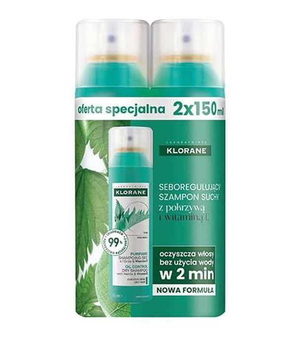 Klorane Seboregulujący Szampon suchy z pokrzywą, 2x150 ml [ZESTAW]