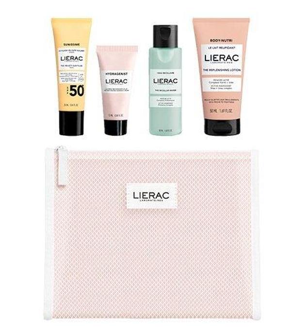 Lierac Beauty to GO emulsja ochronna 25 ml + nawilżający krem rozświetlający 15 ml + woda micelarna 50 ml + balsam regenerujący do ciała 50 ml + kosmetyczka 1 sztuka [ZESTAW]