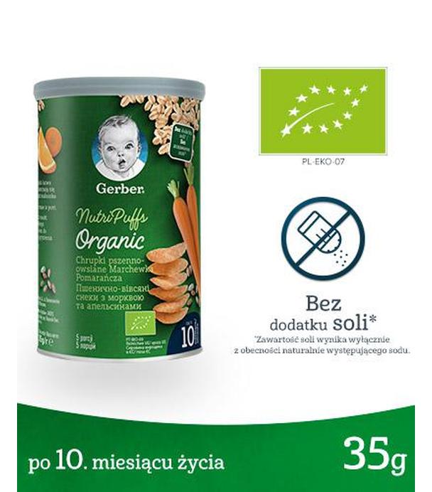 Gerber Organic Chrupki pszenno - owsiane Marchewka Pomarańcza Nutri Puffs po 10 miesiącu - 35 g - cena, opinie, składniki