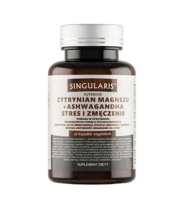 SINGULARIS SUPERIOR Cytrynian Magnezu 100 mg, Ashwagandha 80 mg 9%, B6 + Bioperine, 60 kapsułek