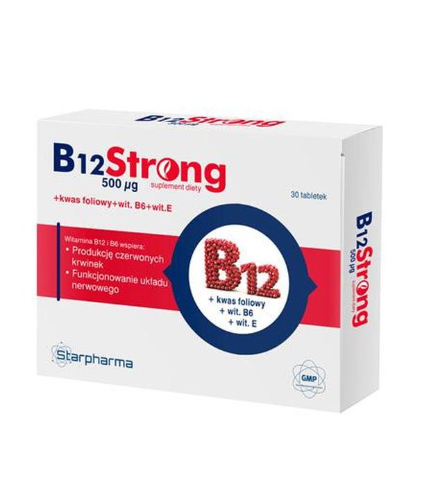 B12 STRONG 500 ug - 30 tabl. - zestaw trzech witamin z grupy B: B6, B12 i kwasu foliowego - cena, dawkowanie