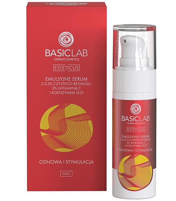 Basiclab Esteticus Emylsyjne Serum z 0,3 % czystego retinolu 3 % wit. C i koenzymem Q10 na noc, 30 ml, cena, opinie, stosowanie