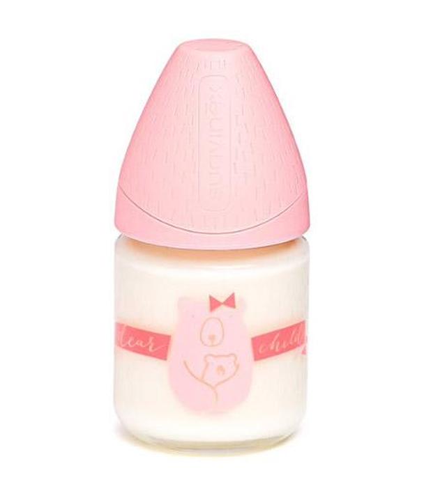 Suavinex Szklana butelka do karmienia z silikonowym smoczkiem 0m+ różowy miś - 120 ml - cena, opinie, stosowanie