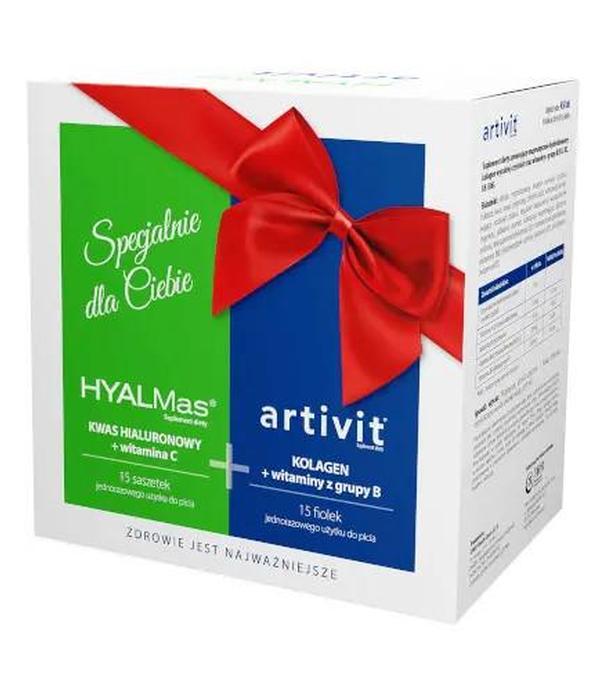 Hymalmas kwas hialuronowy + witamina C, 15 saszetek + Artivit, kolagen + witaminy z grupy B, 15 fiolek [ZESTAW]