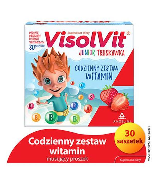 VisolVit Junior Truskawka, witaminy dla dzieci po 3 r.ż., musujący proszek o smaku truskawkowym, 30 sasz., cena, opinie, wskazania