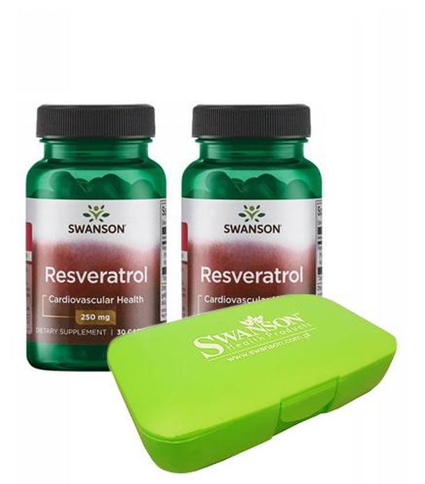 SWANSON Resveratrol 250 mg, 2 x 30 kapsułek + SWANSON Pill Box Kasetka na tabletki (zielona), 1 sztuka