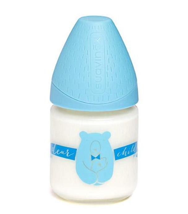 Suavinex Szklana butelka do karmienia z silikonowym smoczkiem 0m+ niebieski miś - 120 ml - cena, opinie, stosowanie