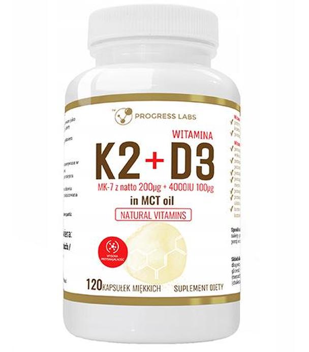 Progress Labs Witamina K2 MK-7 200 mcg + D3 4000IU 100 mcg w oleju MCT - 120 kaps. - cena, opinie, stosowanie