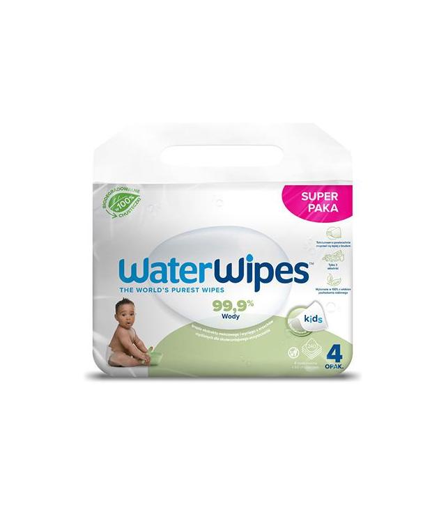 WaterWipes Kids Chusteczki nawilżane 99,9% wody i kropla ekstraktu owocowego i wyciągu z orzechów mydlanych 100% biodegradowalne - 4 x 60 szt. - cena, opinie, właściwości