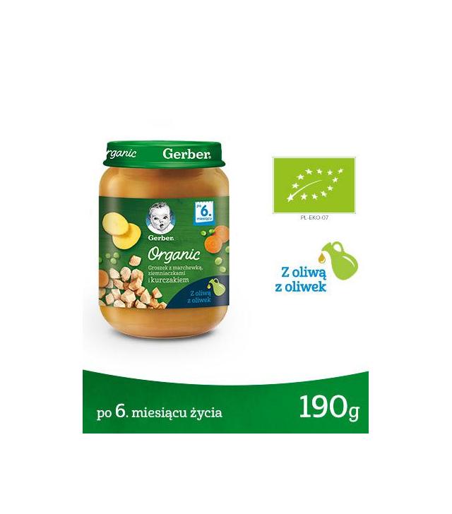 Gerber Organic Groszek z marchewką, ziemniaczkami i kurczakiem po 6 miesiącu - 190 g - cena, opinie, składniki