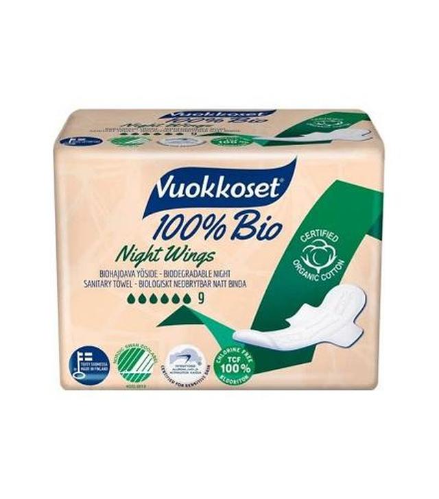 Vuokkoset, BIO, Podpaski z bawełny organicznej ze Skrzydełkami na noc, 9 sztuk
