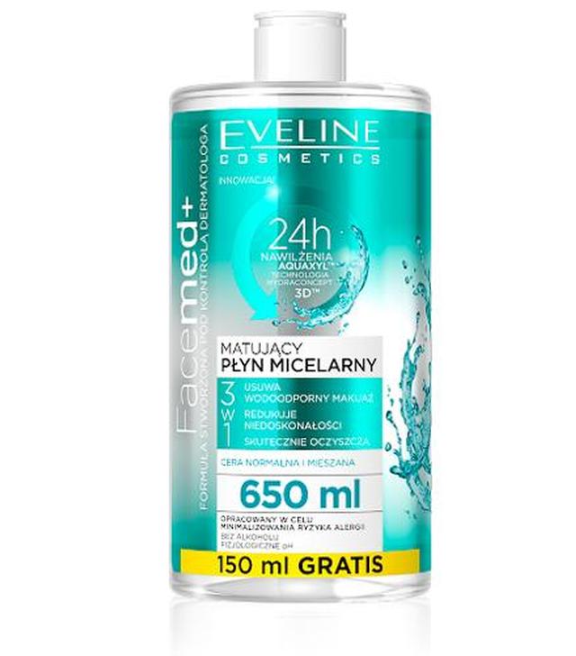Eveline Cosmetics Facemed+ Matujący płyn micelarny 3w1, 650 ml, cena, opinie, właściwości