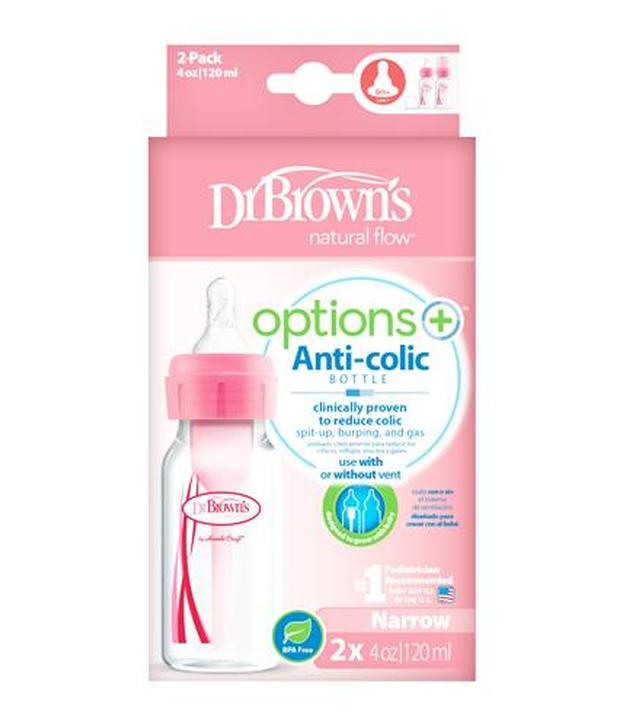 Dr Brown's Options + Butelka antykolkowa standard w kolorze różowym 120 ml - 2 szt. Do karmienia niemowląt - cena, opinie, stosowanie
