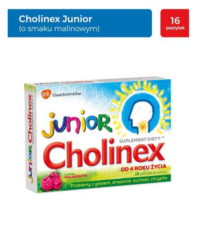 Cholinex Junior, pastylki do ssania, smak malinowy, 16 sztuk