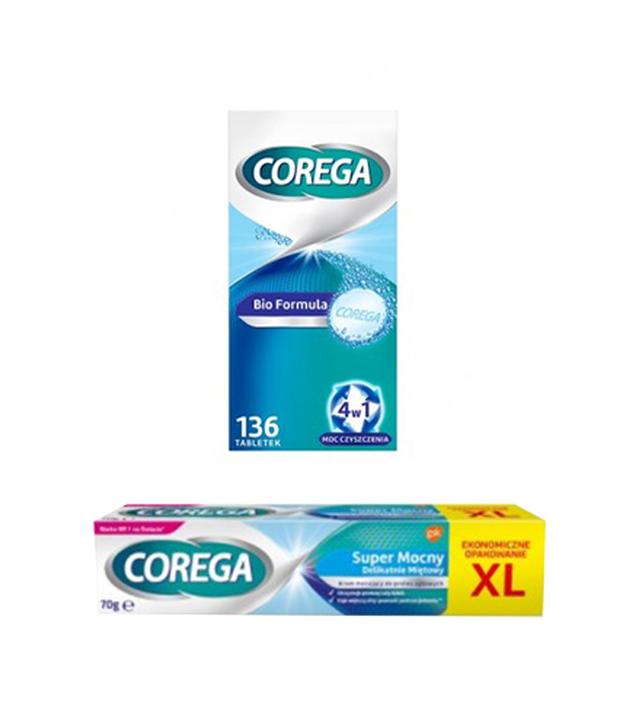 Corega Tabs Bio Formula Tabletki do czyszczenia protez zębowych smak miętowy, 136 tabletek + Corega Super Mocny Neutralny Smak Krem mocujący do protez zębowych, 70 g [DUOPAK]