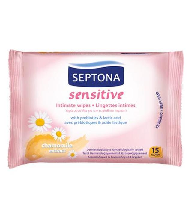 Septona Sensitive Chusteczki nawilżane do higieny intymnej z prebiotykiem i kwasem mlekowym, 15 sztuk