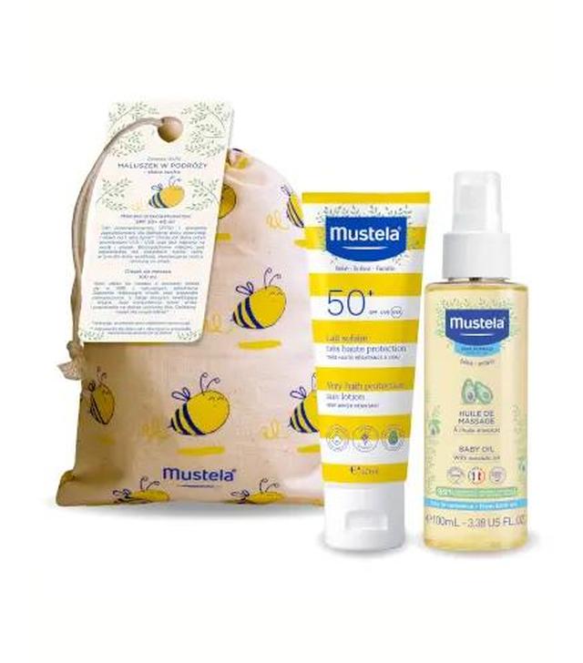 Mustela Sun, maluszek w podróży, mleczko przeciwsłoneczne SPF 50+ + olejek do masażu, 100 ml [ZESTAW]