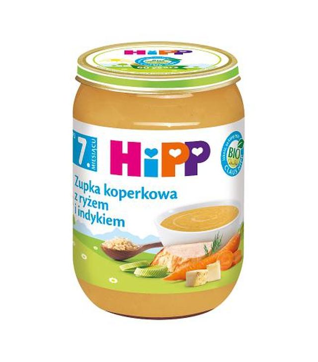 HiPP BIO od pokoleń, Zupka koperkowa z ryżem i indykiem, po 7. m-cu, 190 g, cena, opinie, własciwości