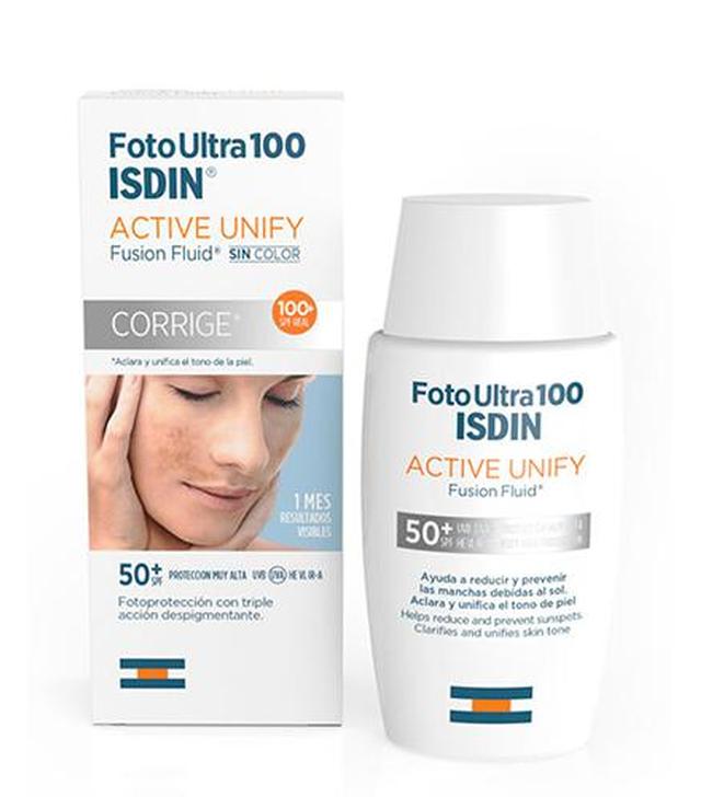 ISDIN Active Unify Fusion Fotoultra 100 Fluid korygujący przebarwienia SPF 50+, 50 ml, cena, opinie, właściwości