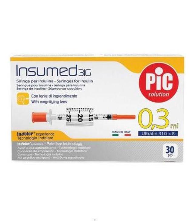 Pic Solution Insumed 0,3 ml 31G x 8 mm Jednorazowe strzykawki do insuliny + szkło powiększające - 30 szt. - cena, opinie, wskazania - 1019169 - uszkodzone kartonowe opakowanie