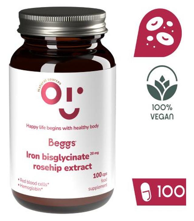 BEGGS Diglicynian żelaza 20 mg z ekstraktem z dzikiej róży, 100 kapsułek