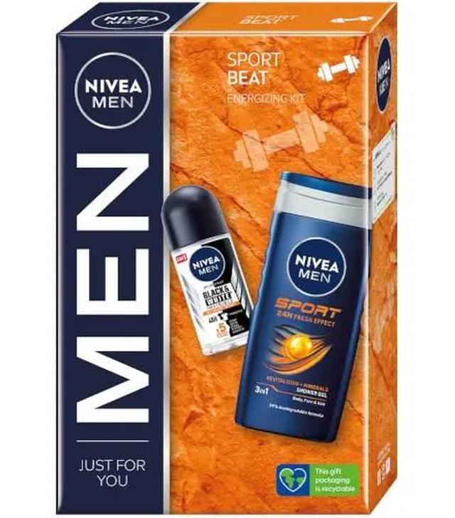 Nivea Sport Beat Nivea Men Sport Żel Pod Prysznic 3w1 Do Ciała, Twarzy I Włosów 250 ml + Nivea Men Black & White Invisible Ultimate Impact Antyperspirant Roll-On 50 ml [zestaw] 1 sztuka