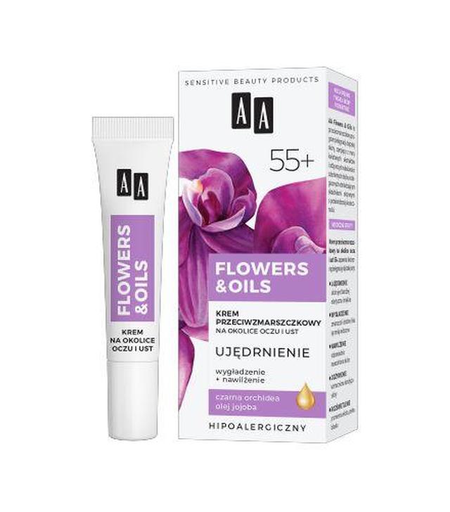 AA FLOWERS & OILS 55+ krem przeciwzmarszczkowy na okolice oczu i ust, 15 ml