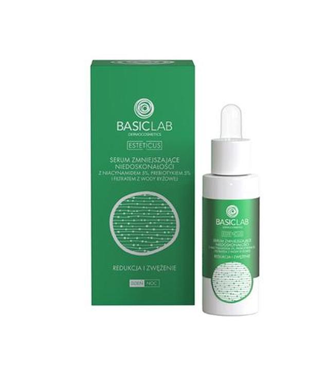 BasicLab Dermocosmetics Esteticus Serum zmniejszające niedoskonałości z Niacynamidem 5%, Prebiotykiem 5% i filtratem wody ryżowej Redukcja i Zwężenie dzień/noc, 30 ml
