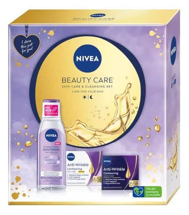 Nivea Beauty Care, przeciwzmarszczkowy modelujący krem na dzień 65+ 50 ml + przeciwzmarszczkowy modelujący krem na noc 65+ 50 ml + kojący płyn micelarny dla cery wrażliwej i nadwrażliwej 200 ml [ZESTAW]