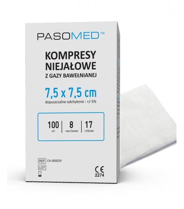 Pasomed kompresy niejałowe z gazy bawełnianej 17 nitek 8 warstw 7,5x 7,5cm 100 sztuk