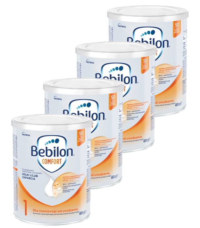 Bebilon Comfort 1, żywność specjalnego przeznaczenia medycznego dla niemowląt od urodzenia, do postępowania w przypadku kolek i/lub zaparć, 4 x 400 g