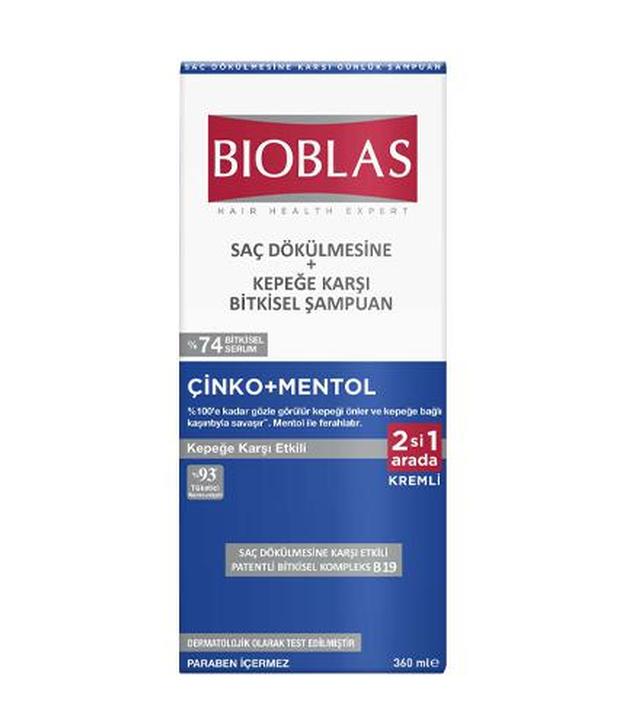Bioblas Szampon ziołowy z odżywką na wypadanie włosów przeciwłupieżowy cynk + mentol, 360 ml, cena, wskazania, właściwości