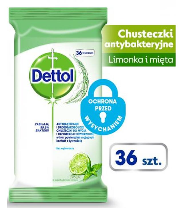 Dettol Antybakteryjne i drożdżakobójcze chusteczki do mycia i dezynfekcji powierzchni o zapachu limonki i mięty, 36 sztuk - ważny do 2025-03-31