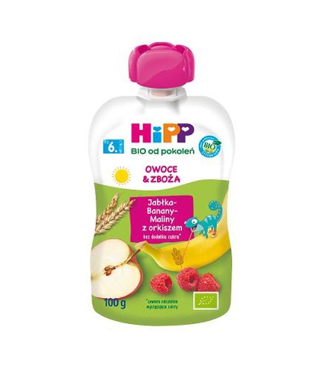 HiPP BIO od pokoleń, Jabłka-Banany-Maliny z orkiszem, po 6. m-cu, 100 g, cena, wskazania, właściwości