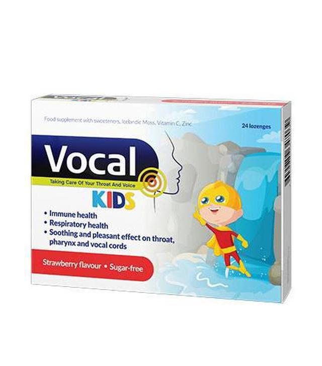 Vocal Kids Pastylki do ssania miękkie o smaku truskawkowym, 24 past., cena, opinie, stosowanie - ważny do 2025-08-31