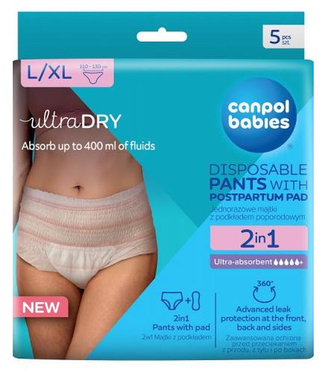 Canpol babies Oddychające majtki poporodowe 2w1 z podkładem L/XL, 5 sztuk