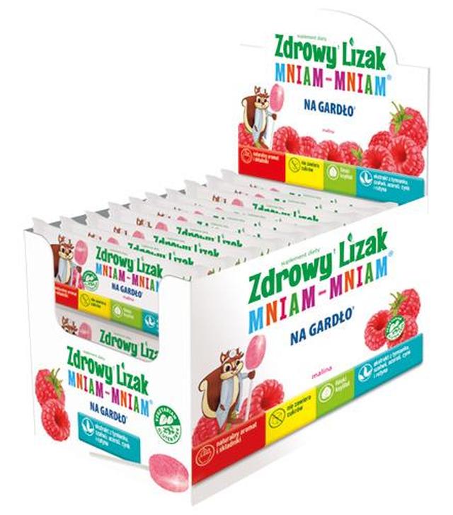 Zdrowy Lizak Mniam-Mniam na gardło o smaku malinowym, 40 szt., cena, wskazania, składniki