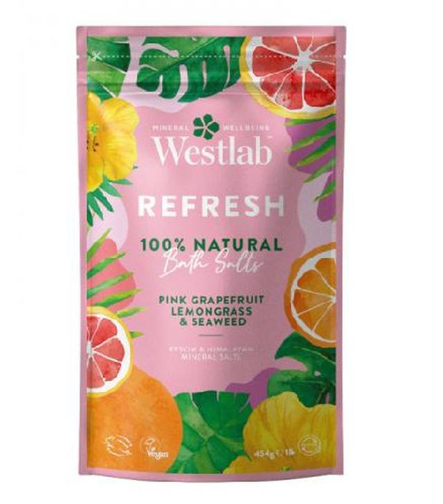 Westlab Refresh Odświeżająca Sól do kąpieli z różowym grejpfrutem trawą cytrynową i algami, 454 g, cena, opinie, stosowanie