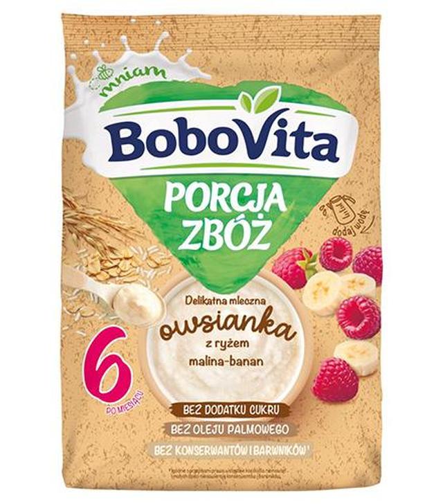 BoboVita Porcja Zbóż Delikatna Mleczna Owsianka z ryżem malina-banan po 6. miesiącu, 210 g