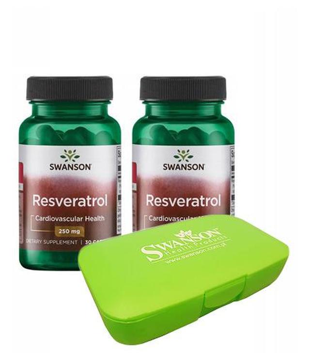 SWANSON Resveratrol 250 mg, 2 x 30 kapsułek + SWANSON Pill Box Kasetka na tabletki (zielona), 1 sztuka