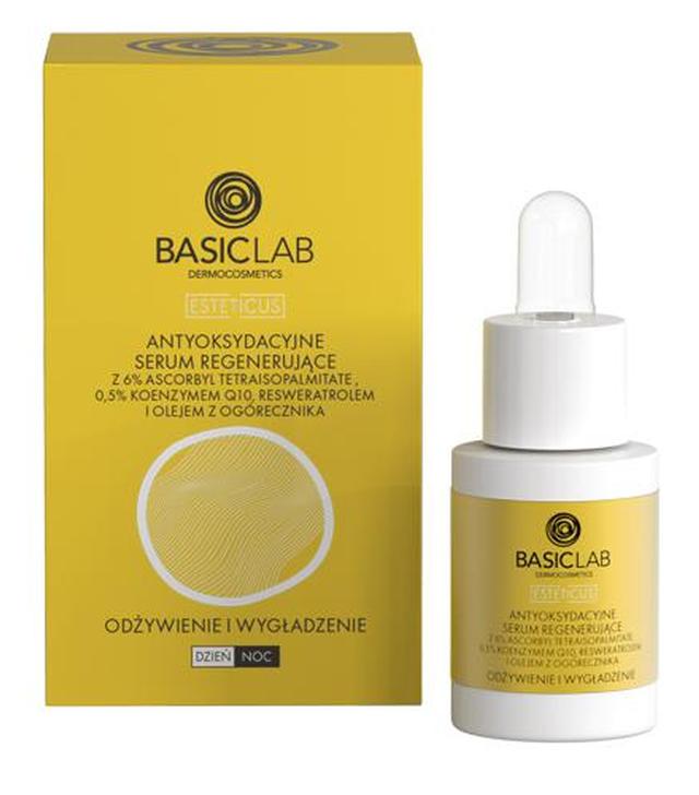 BasicLab Antyoksydacyjne Serum regenerujące z 6% ascorbbyl tetraisopalmitate, 0,5% koenzymem Q10, resweratrolem i olejem z ogórecznika, 15 ml